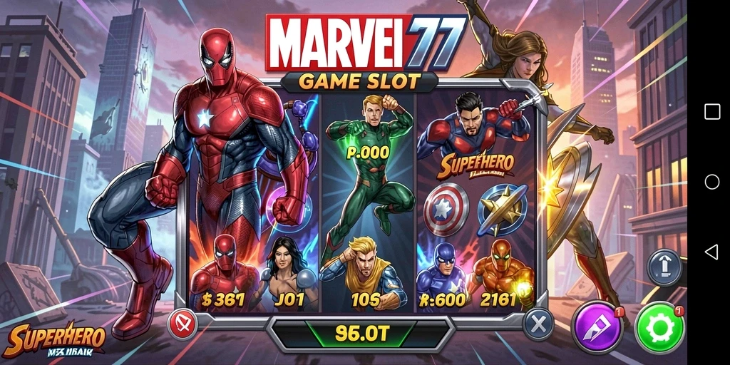 Tampilan gameplay menarik dari MARVEL77 dengan karakter superhero.