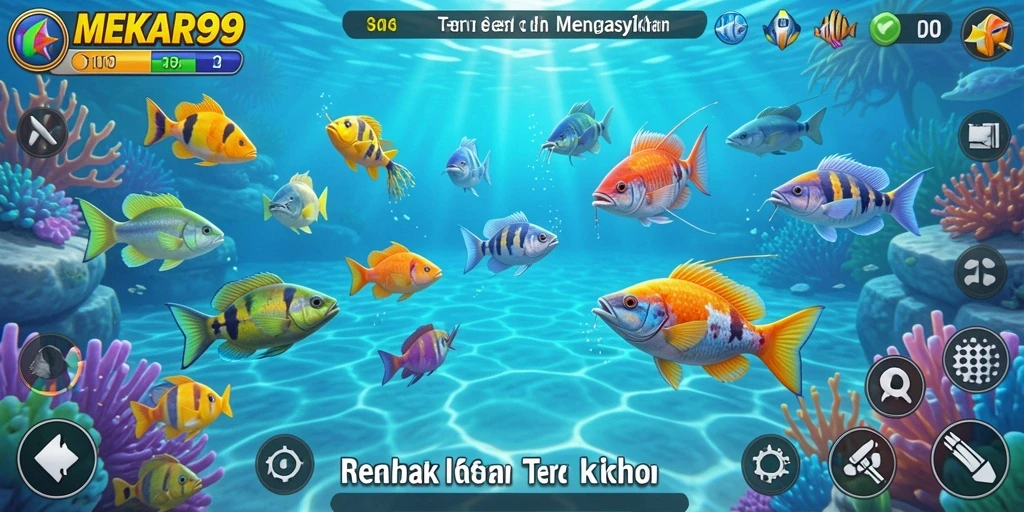 Tampilan gameplay seru dengan ikan berwarna-warni yang ditangkap.