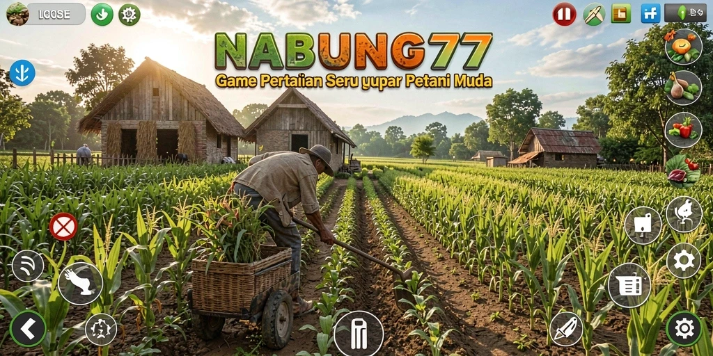 Tampilan gameplay NABUNG77 dengan pemandangan pertanian yang indah.