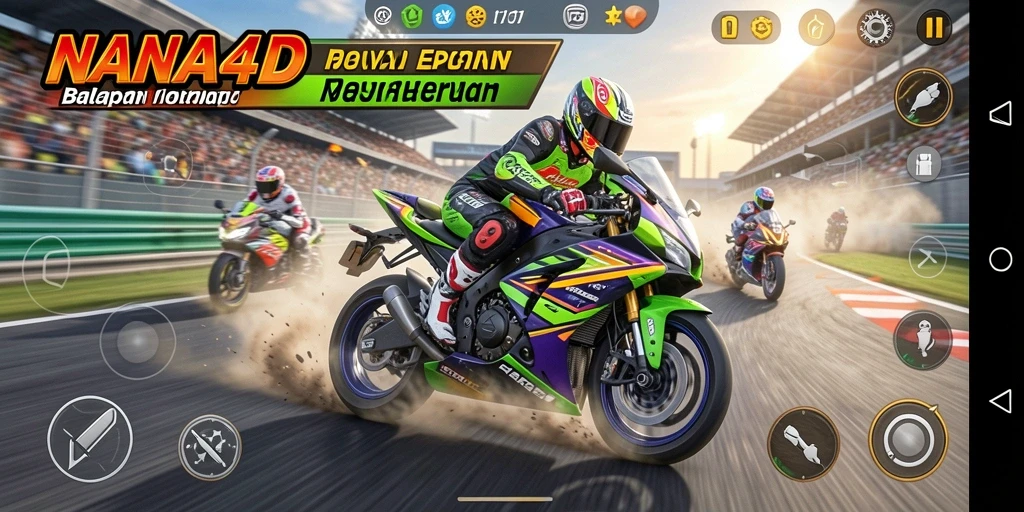Screenshot gameplay NANA4D yang menampilkan aksi balapan motor yang seru.