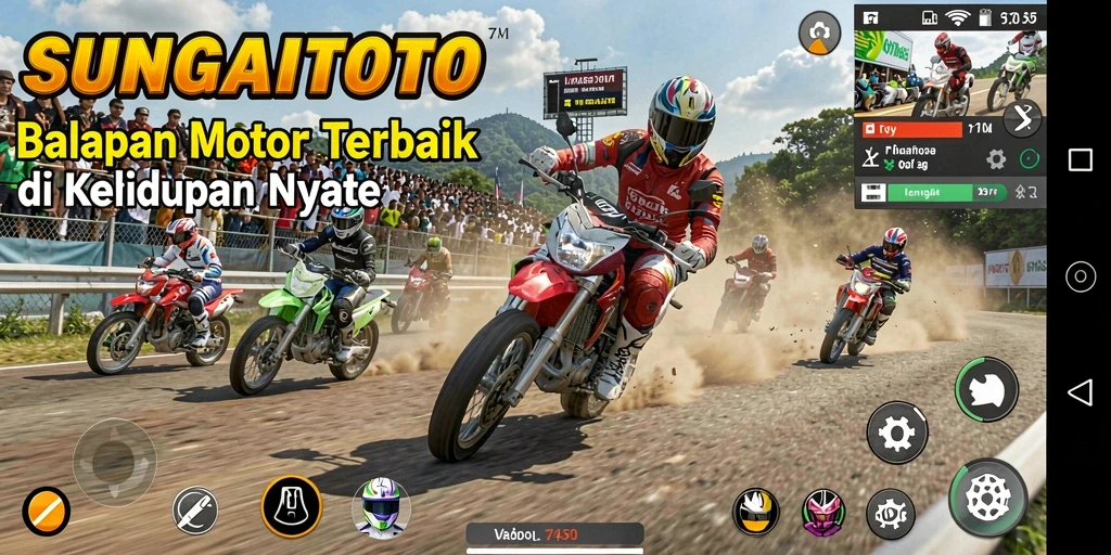 Gameplay SUNGAITOTO menampilkan balapan motor yang mendebarkan di lintasan.