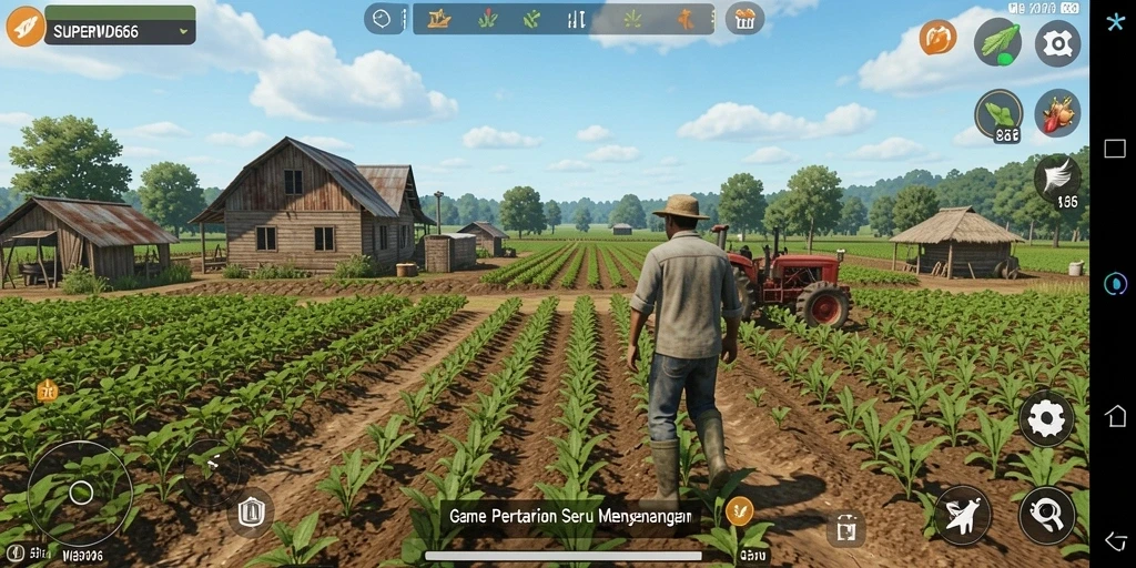 Screenshot gameplay <strong>SUPERWD666</strong> menampilkan pertanian yang indah dengan berbagai tanaman dan hewan.