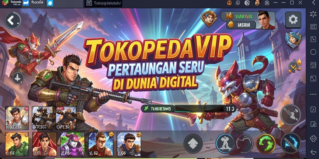 Tampilan seru pertarungan dalam TOKOPEDIAVIP dengan karakter beragam.
