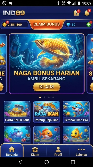 Tampilan utama aplikasi ind89 dengan berbagai pilihan aplikasi